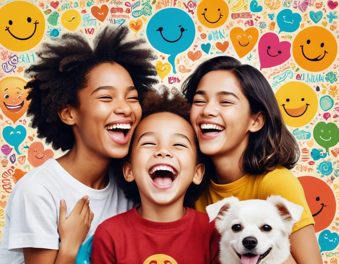 A vibrant collage depicting a range of heartfelt moments: a child laughing, a couple embracing, and a pet comforting its owner, all interspersed with humorous cartoon elements like playful emojis and whimsical doodles. The background should be a soft blend of warm colors to evoke feelings of nostalgia and joy. Text overlays showing snippets of laughter and heartfelt quotes could enhance the emotional impact. super-realistic. vibrant colors. soft focus.