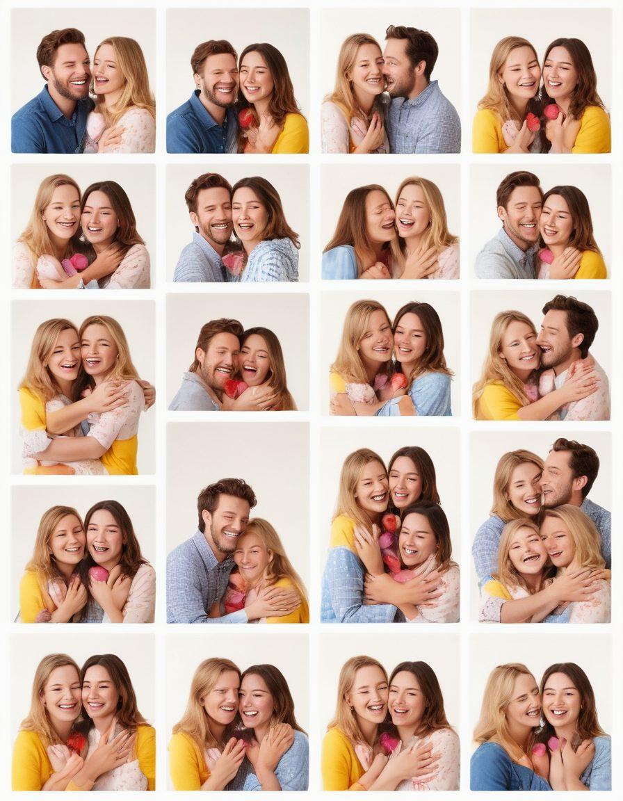 A vibrant collage of heartwarming video snippets showcasing people sharing affectionate hugs, laughter, and playful moments in various settings like family gatherings, friends' reunions, and pet interactions. The background should be a soft pastel color to evoke warmth and joy. Incorporate playful doodles of hearts and smiley faces to enhance the humor aspect. super-realistic. vibrant colors. white background.